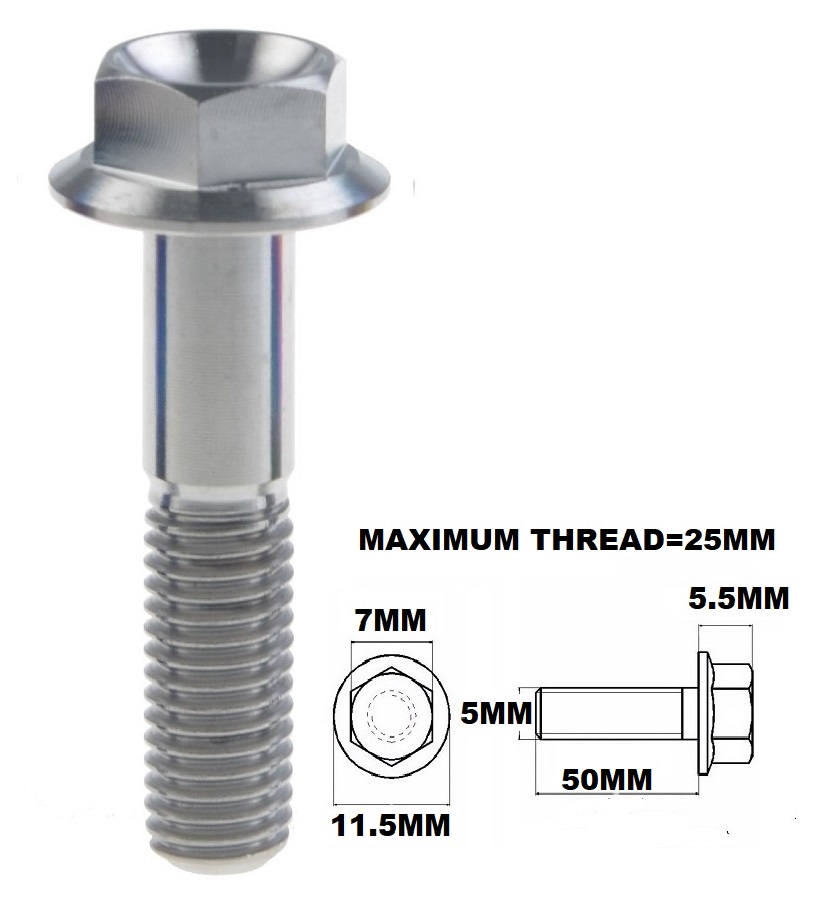 M5X50MM .8 THREAD PITCH TITANIUM FLANGE 7MM HEX BOLT GRADE 5